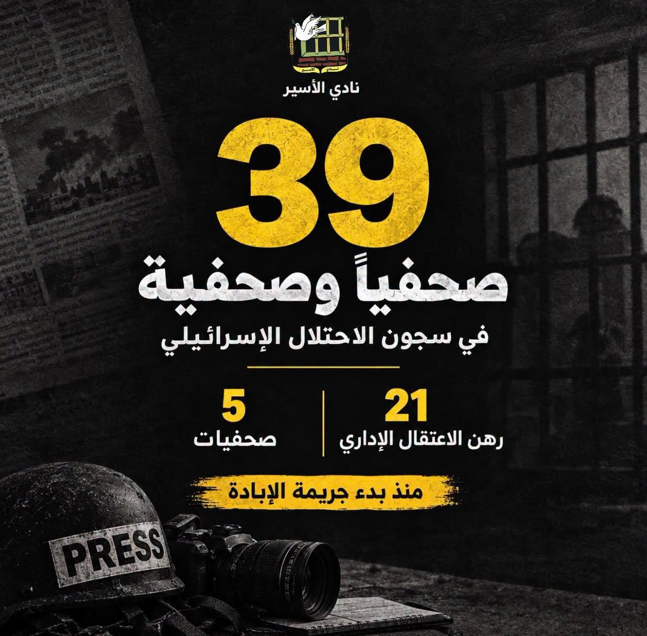 نادي الأسير: 39 صحفياً في سجون الاحتلال.. وتصعيد متواصل في الاعتقال والملاحقة 